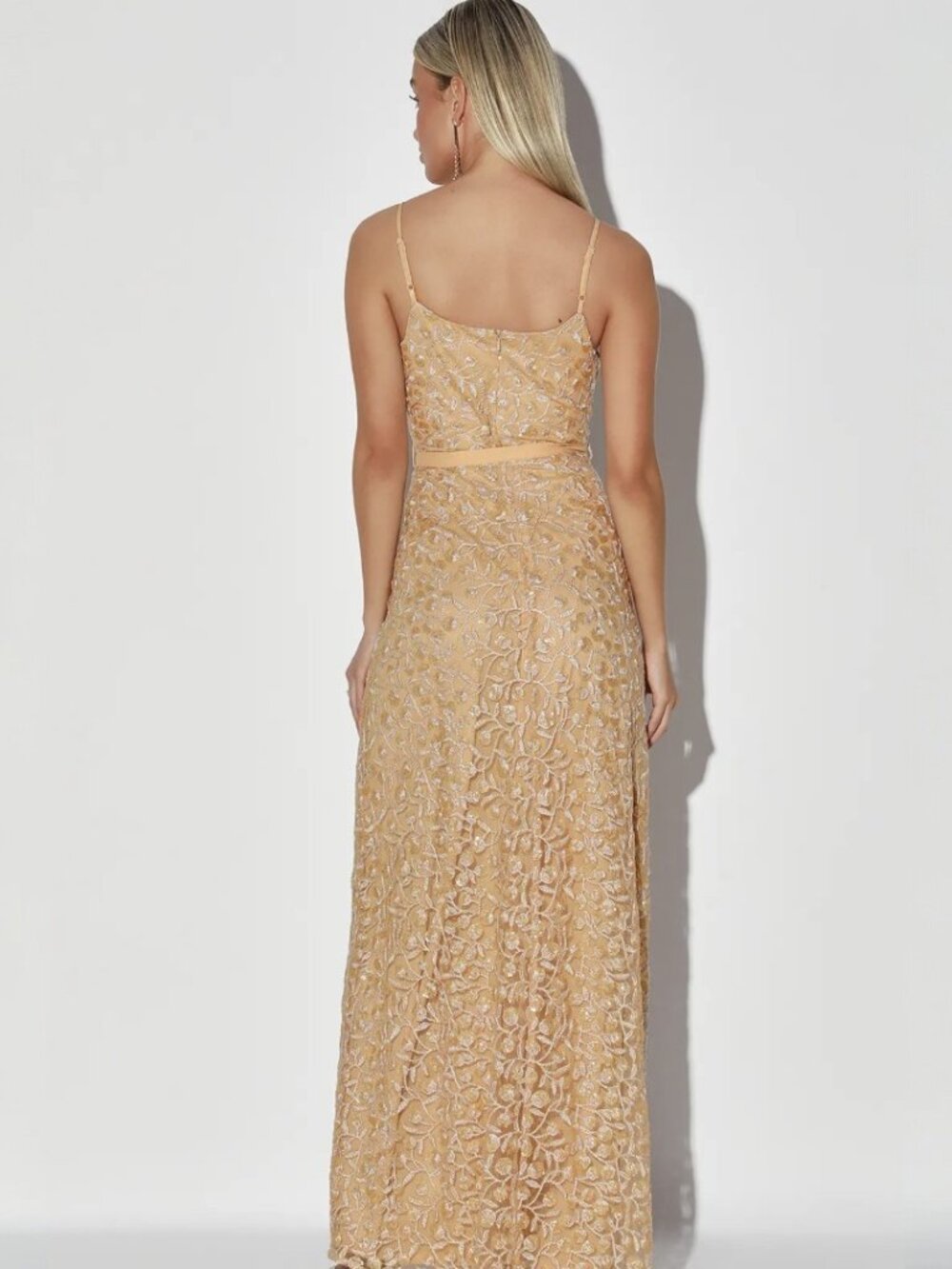 Lulus Breathtaking Beauty Champagne Sequin Embroidered Maxi Dress NWT - Picture 4 of 9